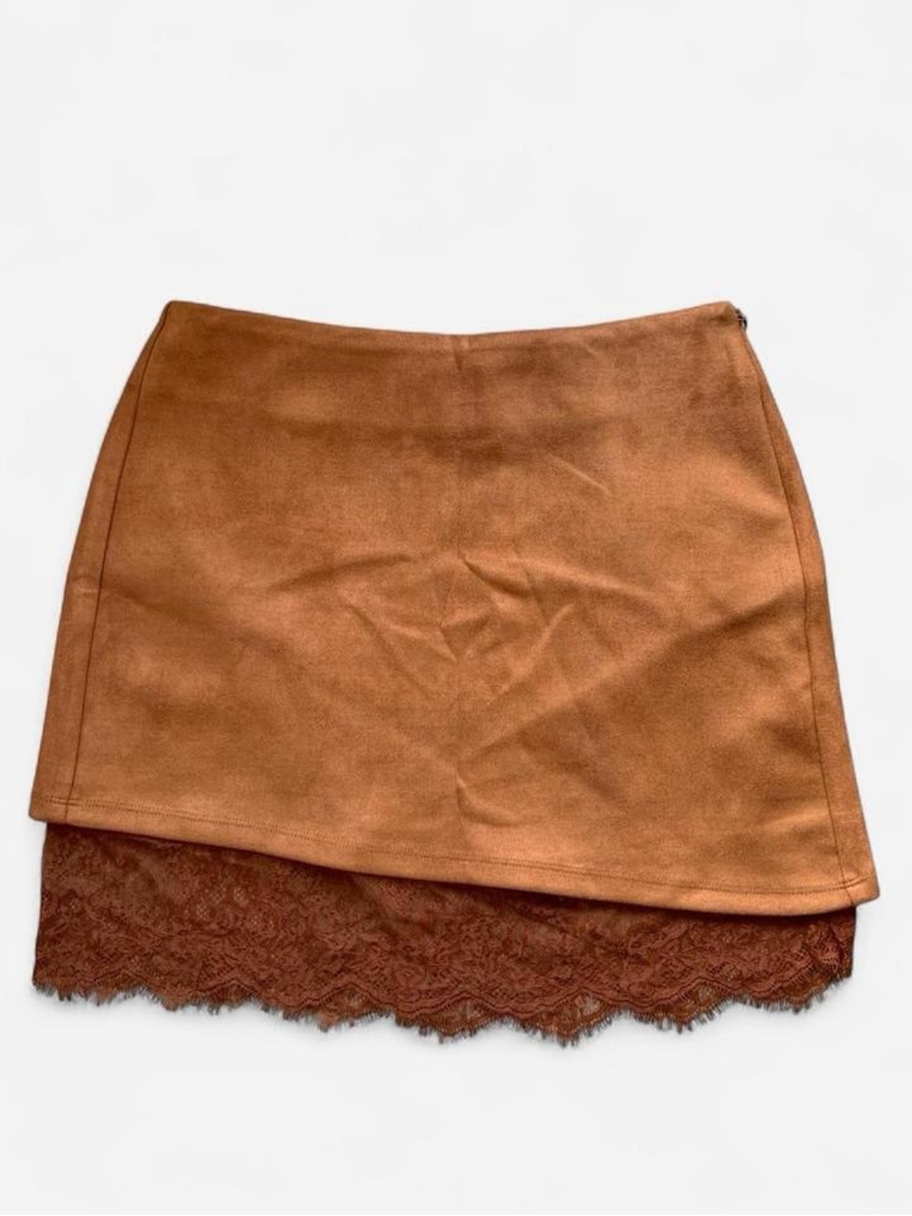 Commense Brown Faux Suede Mini Skirt with Lace Hem Peekaboo NWT M